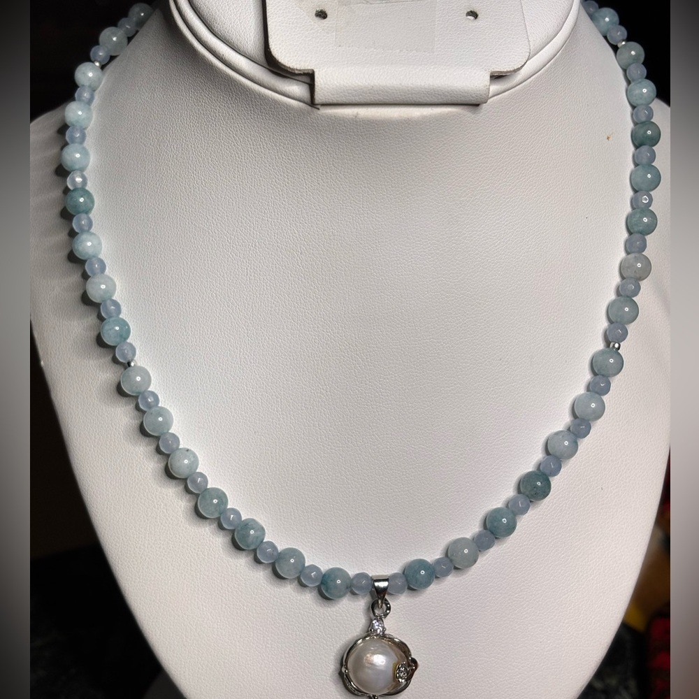 Handmade Baby Blue Agate Beaded Necklace with Pearl Pendant .925 clasp 18 inches